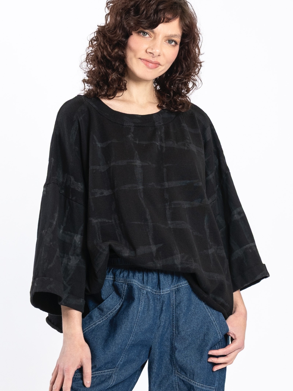 Black Oversized Patterned Women's Knit Sweater With Cotto Sleeves